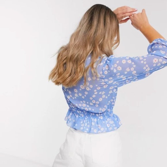 ASOS DESIGN Blue & White Floral Long Sleeve Sheer Top with Bow & Shirred Waist - Picture 12 of 15